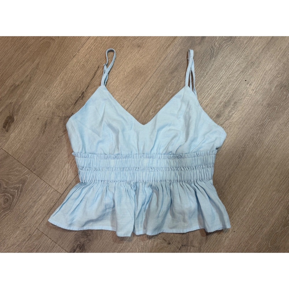 Pants Store Sky Blue Smocked Peplum Cami Top Ruffle Hem casual chic Size Small - Picture 2 of 7
